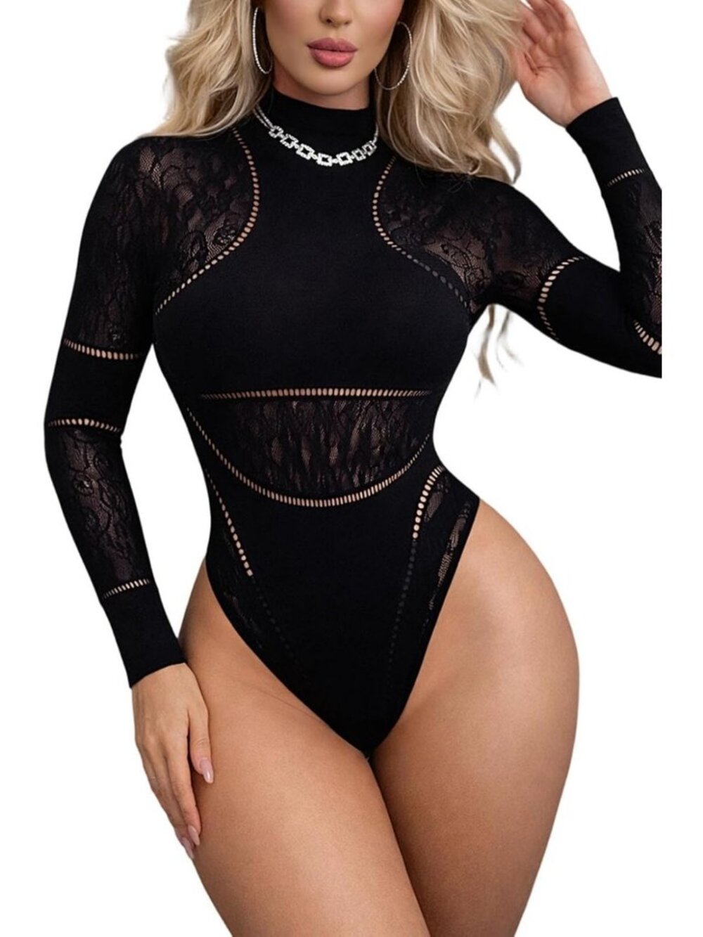Women's Sexy Lace Long Sleeve Bodysuit - Mock Neck, Elegant & Trendy Style
